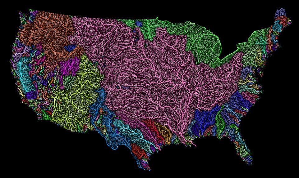 A map of the united states with many rivers.